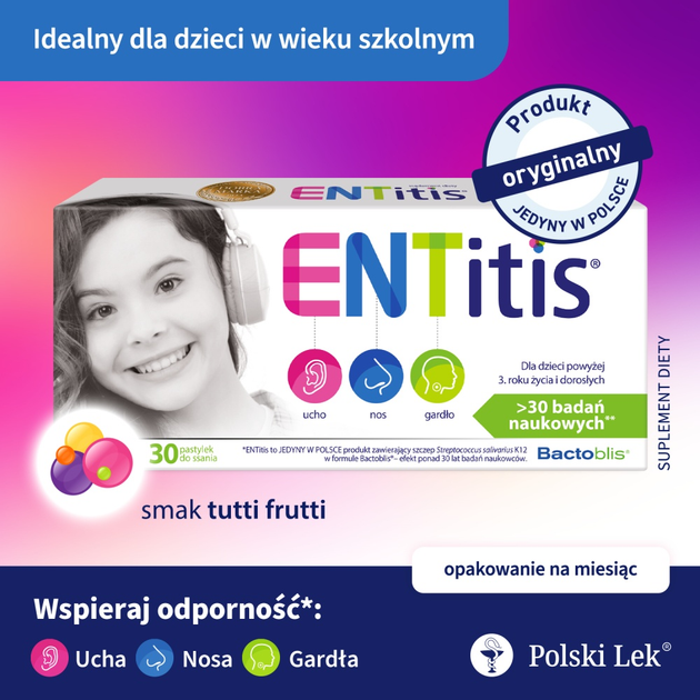 Дієтична добавка Polski Lek ENTitis Смак tutti frutti 30 пастилок для розсмоктування (5904157902468) - зображення 2