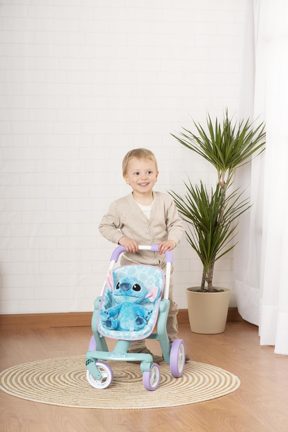 Wózek dla lalek Smoby Stitch Spacerówka z obrotowymi kołami i pluszową maskotką Stitch 25 cm (7600251225) (3032162512258) - obraz 2