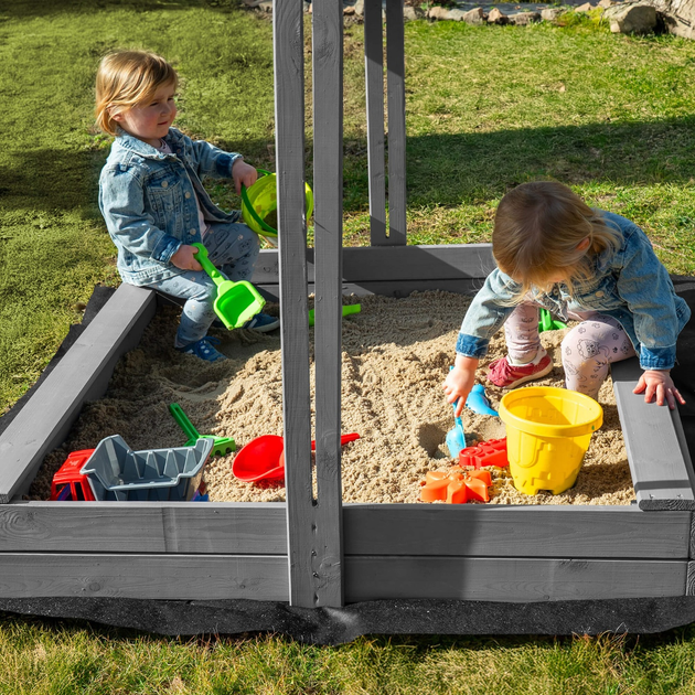 Дерев’яна пісочниця Springos з дахом, функцією закриття, лавками та полотном 120 x 120 см Сіра (5907719499369) - зображення 13