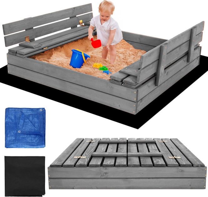 Дерев’яна пісочниця Springos просочена з кришкою, лавками, брезентом та підстилкою 120 x 120 см (5908455302340) - зображення 11