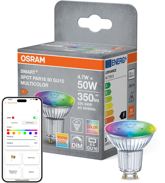 Inteligentna lampa LED OSRAM SMART+ WiFi PAR16 4.7W RGBW 350 Lm DIM GU10 (4099854462191) - obraz 5
