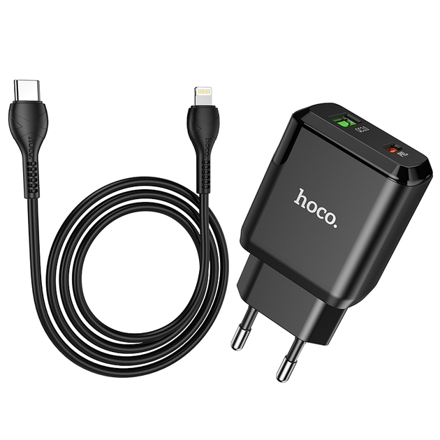 Зарядний пристрій для телефону з швидкою зарядкою + кабель Lightning HOCO N5 |USB/Type-C, 20W/3A, QC3/PD| Чорний - зображення 8