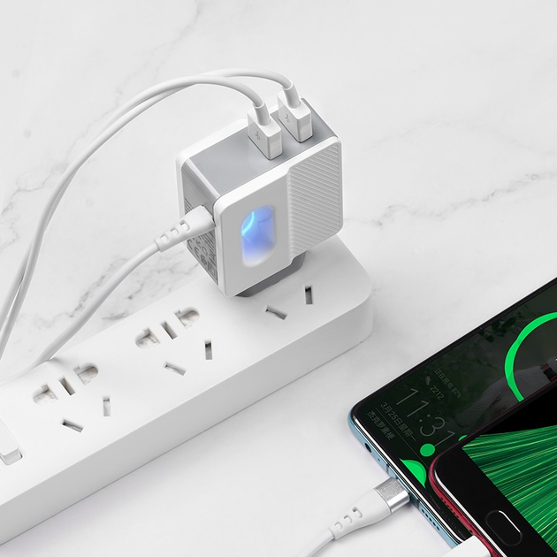 Зарядний пристрій для телефону Android вбудований кабель Type-C HOCO C75 |2USB, 2.4A| Білий - зображення 6