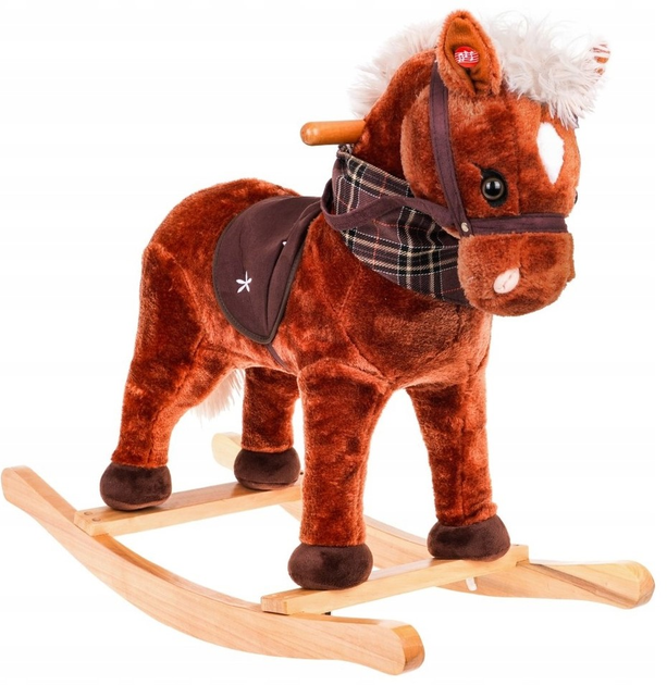 Konik na biegunach dla dzieci 24 m + Dźwięki Drewniana rączka Wygodne siedzisko Drewniane płozy Brązowy (ZDN.TM151) (5903864956245) - obraz 5
