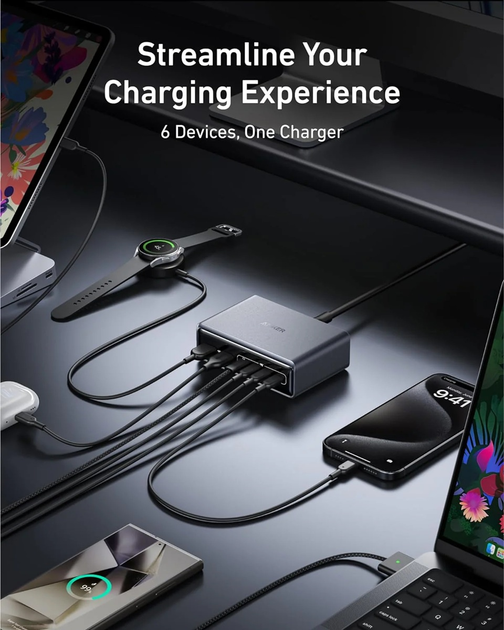 Мережевий зарядний пристрій Anker GaNPrime Charger 200W 4xUSB-C PD 2xUSB-A Black (A2683341) - зображення 4