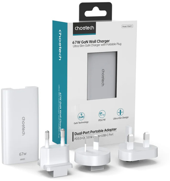 Ładowarka sieciowa CHOETECH 65W GaN USB-C + USB-A Ultra thin White (PD6011-EU-WH) - obraz 5