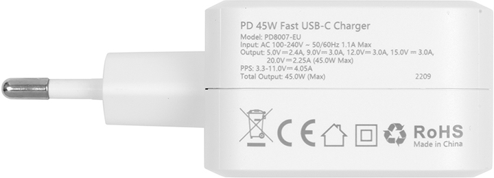 Ładowarka sieciowa CHOETECH GaN USB Type-C 45W PD 3.0 QC 3.0 PPS White (PD8007) - obraz 4