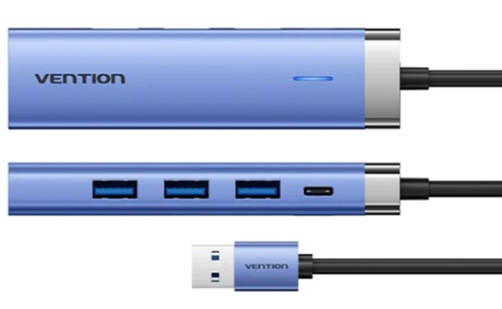 Hub USB Vention USB3.0 USB 3.0x3/RJ45/USB-C Hub Blue Aluminum Alloy (TGFSB) - obraz 2