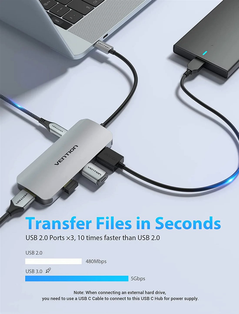 USB-хаб Vention USB-C to HDMI/USB 3.0x3/SD/TF/PD Docking Station Gray 0.15M Aluminum Alloy Type (TOJHB) - зображення 4