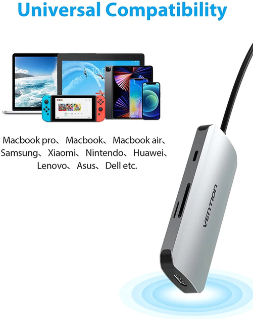 USB-хаб Vention USB-C to HDMI/USB 3.0x3/SD/TF/PD Docking Station Gray 0.15M Aluminum Alloy Type (TOJHB) - зображення 5