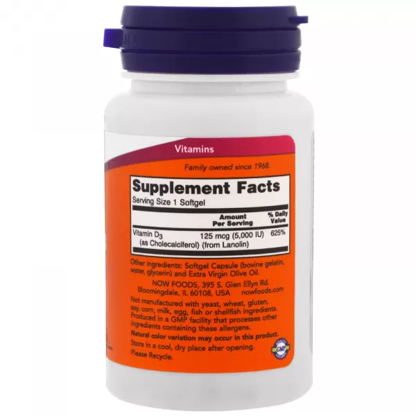Вітамін D3 5000 МО, NOW Foods, 120 капсул - зображення 2