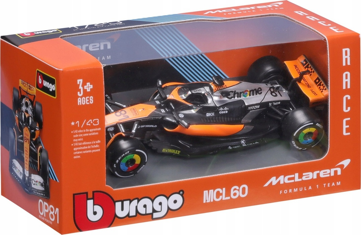 Metalowy model samochodu Bburago F1 Team Mclaren MCL60 Oscar Piastri 1:43 Czarno-pomarańczowy 18-38087-NOR (4893993016198) - obraz 2