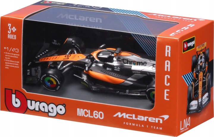 Metalowy model samochodu Bburago F1 Team Mclaren MCL60 Oscar Piastri 1:43 Czarno-pomarańczowy 18-38087-NOR (4893993016198) - obraz 3