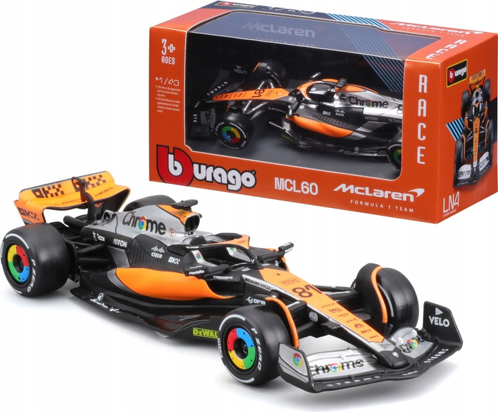 Metalowy model samochodu Bburago F1 Team Mclaren MCL60 Oscar Piastri 1:43 Czarno-pomarańczowy 18-38087-NOR (4893993016198) - obraz 4