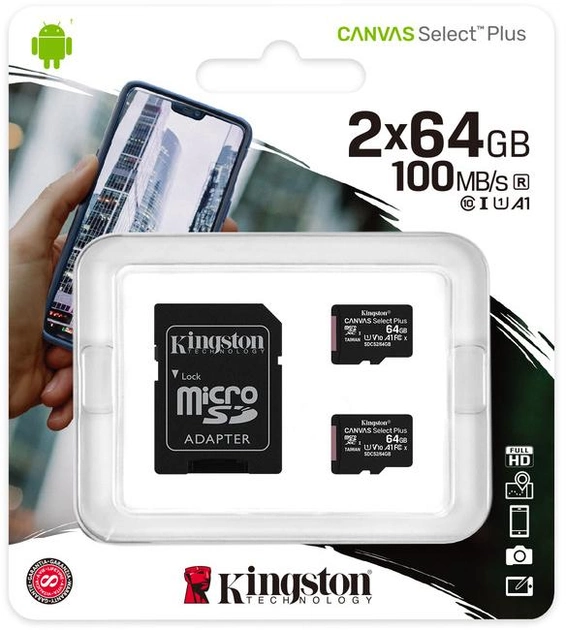 Kingston microSDXC 2х64GB Canvas Select Plus Class 10 UHS-I U1 V10 A1 + SD-адаптер (SDCS2/64GB-2P1A) - изображение 1