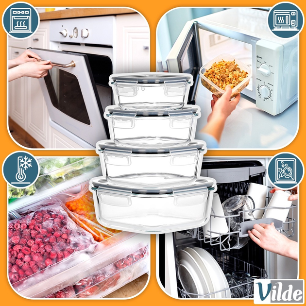 Набір контейнерів для їжі Vilde скляні з кришками та ущільнювачами 4 шт (5904316497101) - зображення 5