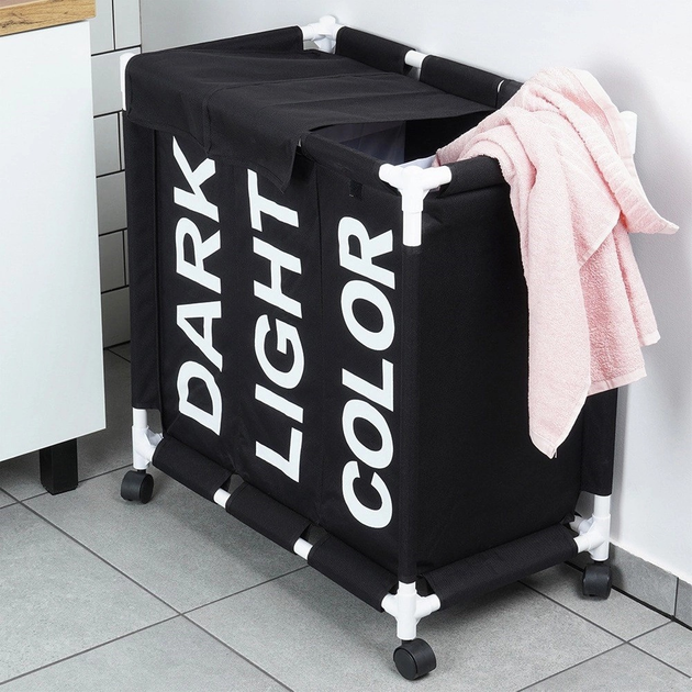 Kosz na pranie Vilde na kółkach trzykomorowy Czarny137 l (5904316472191) - obraz 8