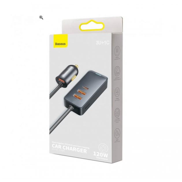 Зарядка в прикурювач 120Вт 4x USB Type-C подовжувач Baseus Share Together CCBT-B0G - Фото 4 Зарядка в прикурювач 120Вт 4x USB Type-C подовжувач Baseus Share Together CCBT-B0G - зображення 4
