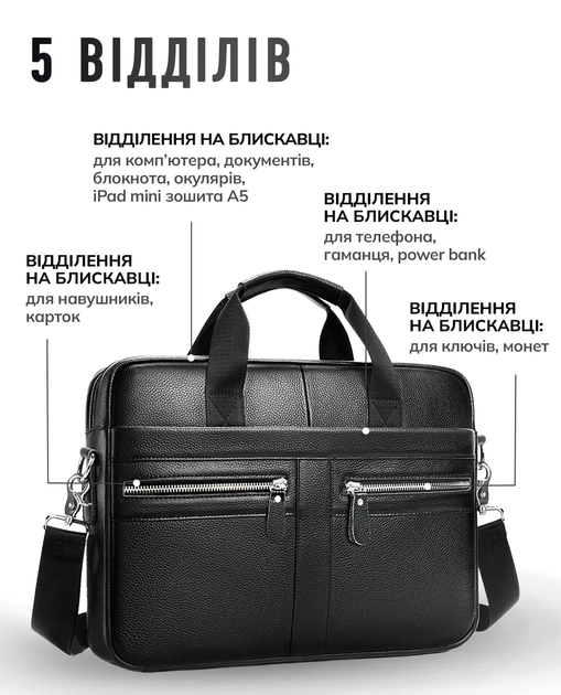 Сумка мужская кожаная на плече для ноутбука 39x29x7 / портфель для стильного мужчины, черный - Фото 2 Сумка мужская кожаная на плече для ноутбука 39x29x7 / портфель для стильного мужчины, черный - изображение 2