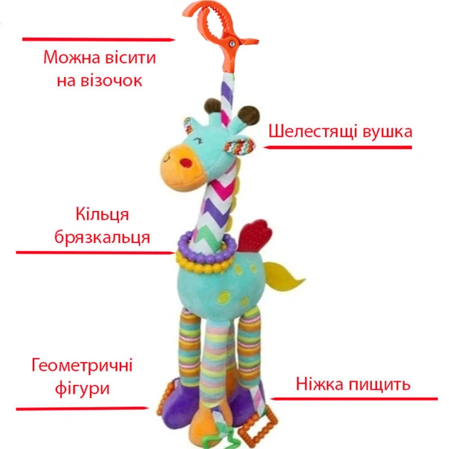 Дитяча м'яка розвиваюча іграшка-підвіска на коляску 2Life Жираф Блакитний v-13157 - зображення 2
