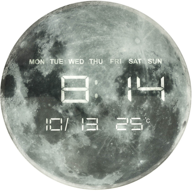 Настінний годинник Ikonka Планета Місяць з LED-дисплеєм 32 см Сірий (5903039753952) - зображення 1