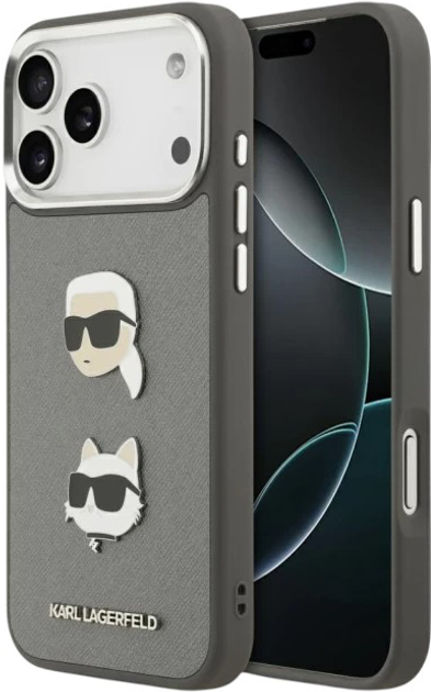 Панель Karl Lagerfeld FW Grained Karl & Choupette Heads Pins do Apple iPhone 17 Pro Max Grey (3666339494841) - зображення 1