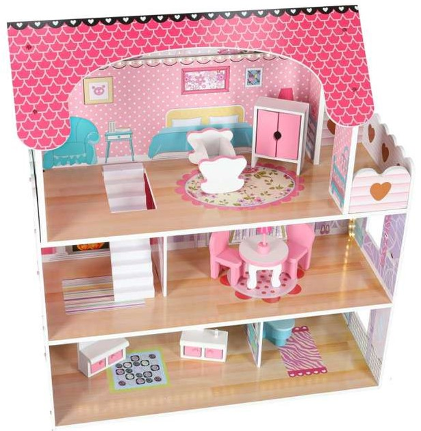 Drewniany domek dla lalek Kik MDF LED 70 cm Różowy (KX6484) (5903039705906) - obraz 2