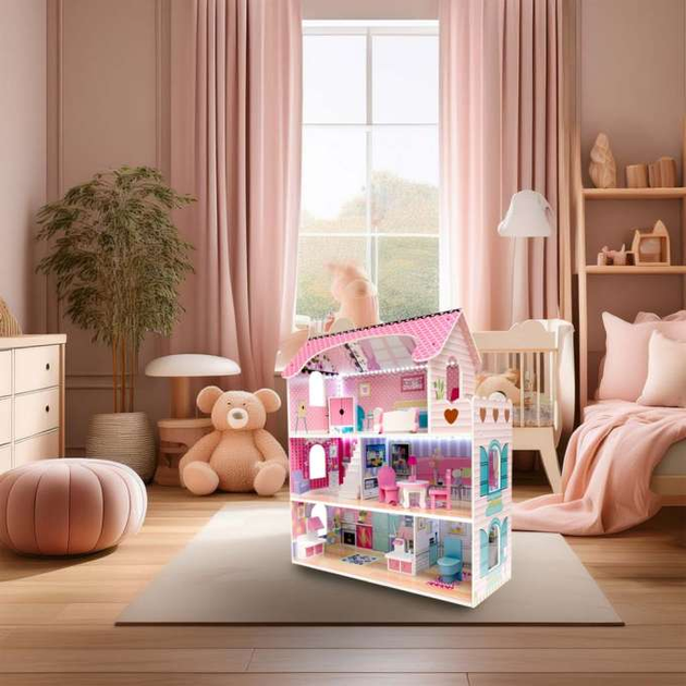 Drewniany domek dla lalek Kik MDF LED 70 cm Różowy (KX6484) (5903039705906) - obraz 6