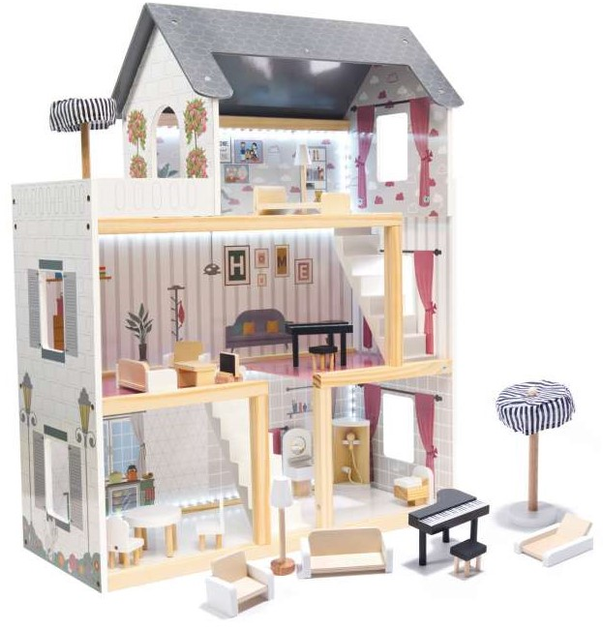 Drewniany domek dla lalek Kik MDF LED 78 cm Czarny (KX6201) (5903039709904) - obraz 1