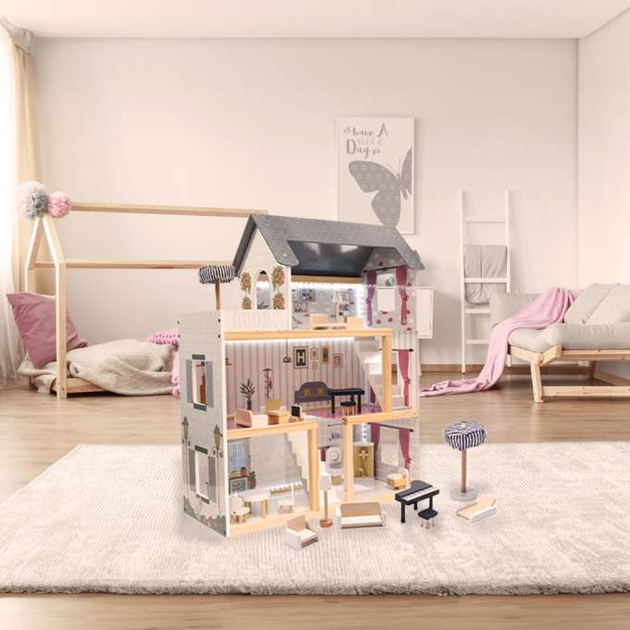 Drewniany domek dla lalek Kik MDF LED 78 cm Czarny (KX6201) (5903039709904) - obraz 4