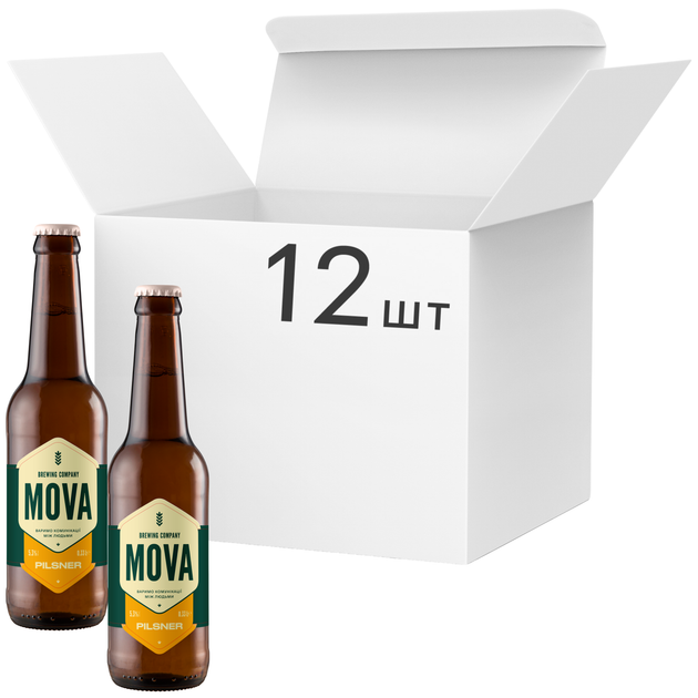 Упаковка пива Mova Pilsner світле нефільтроване 5,3% 0,33 л х 12 шт (4820251790095) - Фото 1 Упаковка пива Mova Pilsner світле нефільтроване 5,3% 0,33 л х 12 шт (4820251790095) - зображення 1