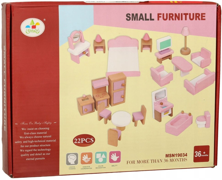 Mebelki do domku dla lalek Kik salon sypialnia łazienka kuchnia drewniane Różowe (KX3437) (5903039755789) - obraz 1