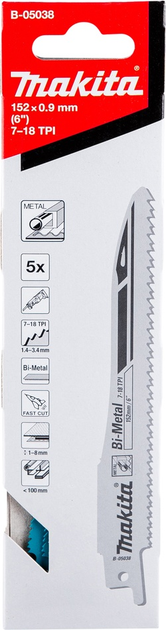 Набір полотен для сабельних пилок Makita 152 x 0.9 мм 5 шт. (B-05038) - зображення 1