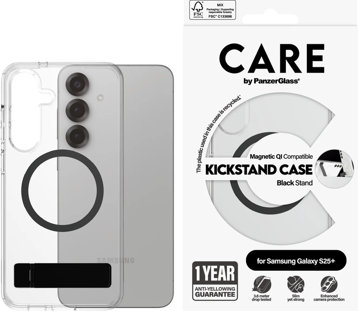 Etui plecki CARE by PanzerGlass Case Transparent w. Black Kickstand & Qi Compatible do Samsung Galaxy S25 Plus (CRRFBKQG37942) - obraz 3