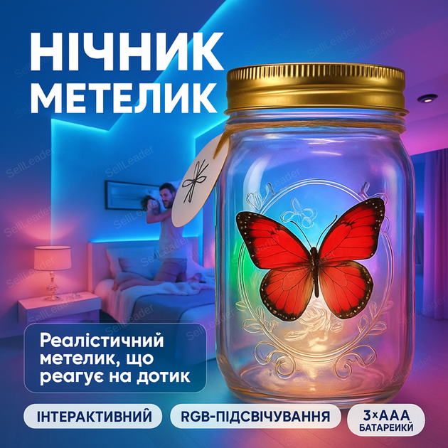 Нічникк метелик у банці 17х9см RGB LED декор для дитячої кімнати спальні світильник інтерактивний AAA батарейки - Фото 1 Нічникк метелик у банці 17х9см RGB LED декор для дитячої кімнати спальні світильник інтерактивний AAA батарейки - зображення 1