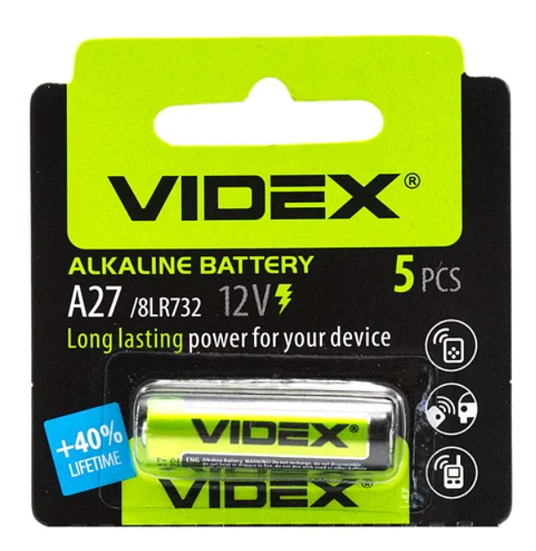 Щелочная батарейка Videx A27 12V 8LR732 блистер. Лужна батарея Videx 27A 12V 8LR732. Элемент питания 1шт - Фото 2 Щелочная батарейка Videx A27 12V 8LR732 блистер. Лужна батарея Videx 27A 12V 8LR732. Элемент питания 1шт - изображение 2