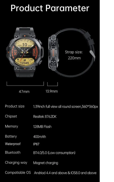 Смарт годинник тактичний військовий Mevaden Hunter Army Black 1.39 inch Bluetooth 5.0 дзвінки - Фото 6 Смарт годинник тактичний військовий Mevaden Hunter Army Black 1.39 inch Bluetooth 5.0 дзвінки - изображение 6