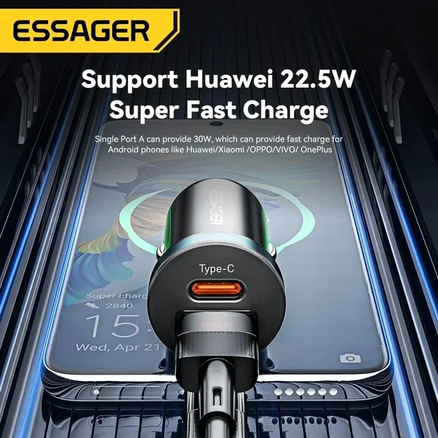 Автомобильное зарядное устройство Essager 30W USB + Type-C QC 4.0 PD 3.0 (ECCPQ-SR01-P) - Фото 7 Автомобильное зарядное устройство Essager 30W USB + Type-C QC 4.0 PD 3.0 (ECCPQ-SR01-P) - изображение 7