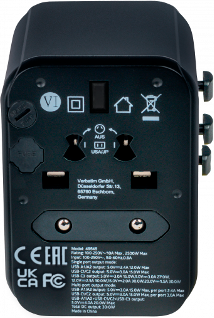 Ładowarka sieciowa Verbatim Travel Adapter 30W 3 x USB-C, 2 x USB-A UTA-03 Black (23942495451) - obraz 3