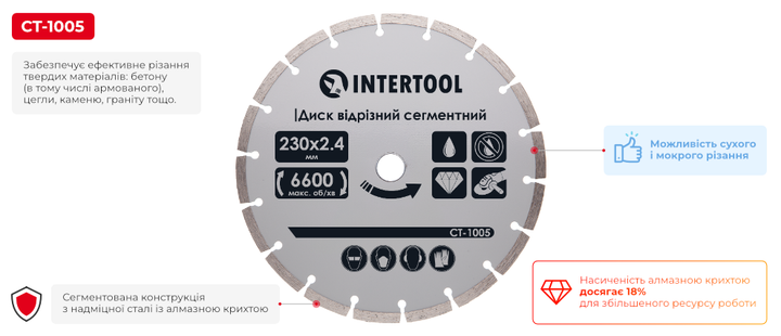 Диск відрізний сегментний алмазний, 230 мм, 16-18%, 6600 об/хв INTERTOOL CT-1005 - Фото 2 Диск відрізний сегментний алмазний, 230 мм, 16-18%, 6600 об/хв INTERTOOL CT-1005 - зображення 2