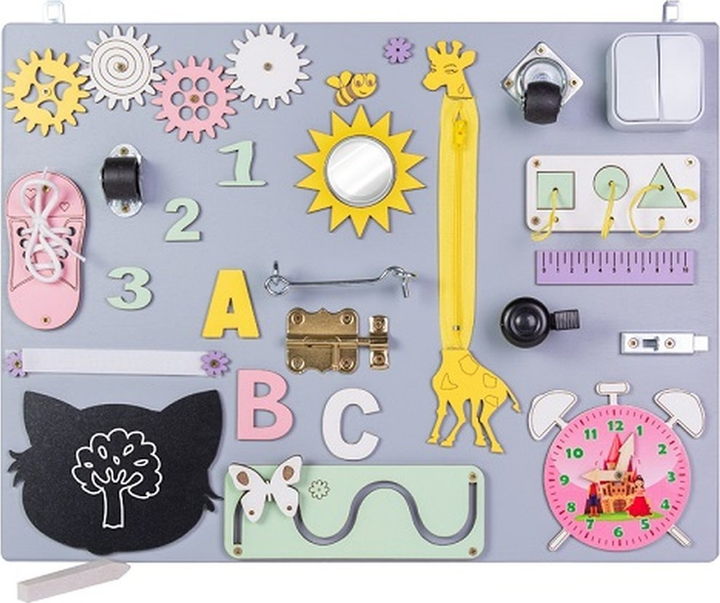 Сенсорно-маніпуляційна дошка Ikonka дерев'яна з рожевим годинником 50 x 37.5 см (5901549533835) - зображення 1