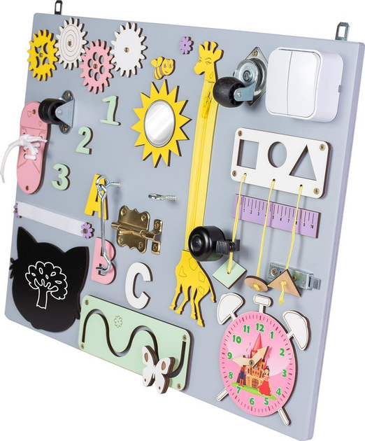 Сенсорно-маніпуляційна дошка Ikonka дерев'яна з рожевим годинником 50 x 37.5 см (5901549533835) - зображення 2