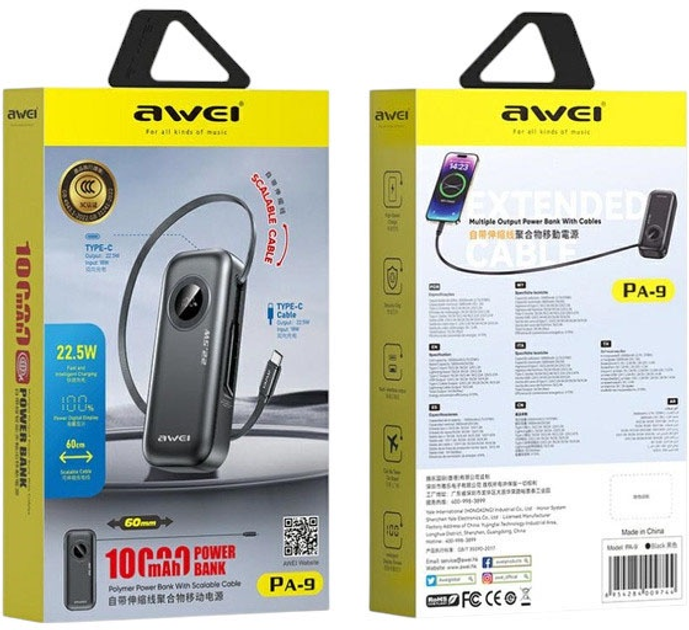 Powerbank Awei PA-9 10000mAh 22.5W USB-C/USB-A Black (6954284021807) - obraz 3