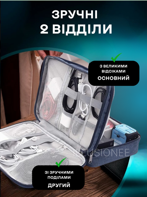Органайзер дорожній сумка для зберігання електроніки аксесуарів гаджетів кабелів зарядних пристроїв флешок перехідників повербанків навушників смартфонів подорожей 2-х секційний 27х20х10 см синій + фіксатори для проводів 5 шт CV1 3DTOYSLAMP - зображення 5