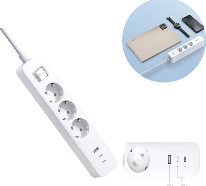 Listwa zasilająca Xiaomi Power Strip 2C1A 3 gniazda 2 x USB-A, 1 x USB-C 1.4 m White (BHR07UKEU) - obraz 8