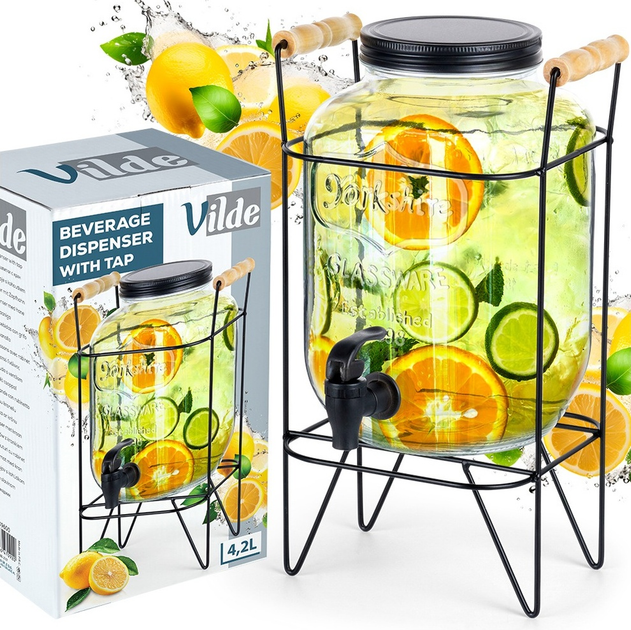 Скляна банка для напоїв Vilde з краником і підставкою Чорна 4.2 л (5904316470920) - зображення 4