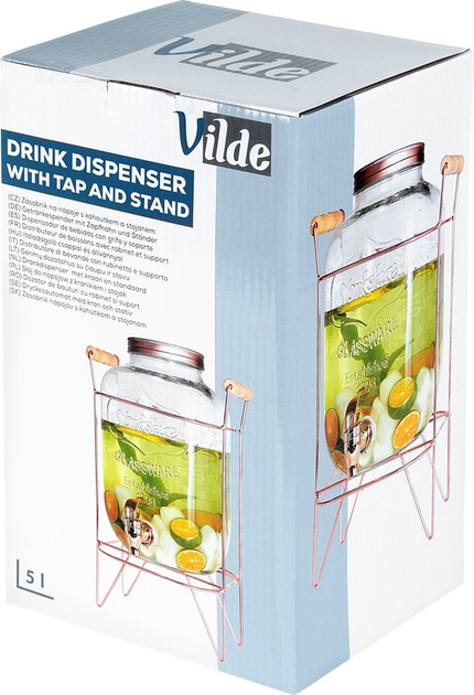 Скляна банка для напоїв Vilde з краником і підставкою Золота 5.5 л (5904316470951) - зображення 1