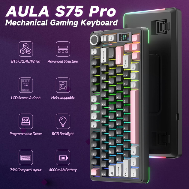 Механическая клавиатура AULA S75 Pro / 75% / Три режима подключения / Seyia Switch / Black Pink - изображение 3