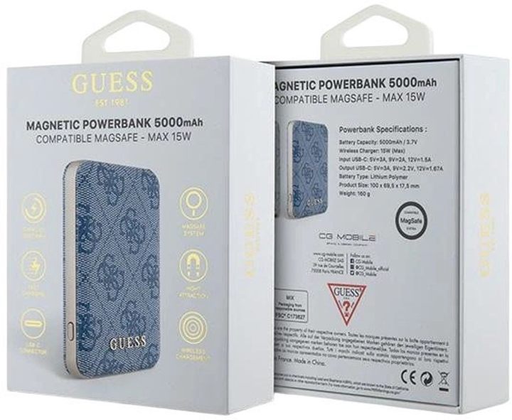 Powerbank Guess 4G Leather Metal Logo MagSafe 5000mAh 15W USB-C Blue (3666339210601) - obraz 4