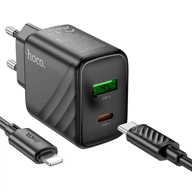Зарядне HOCO CS23A PD30W Type-C 1USB PD30W з кабелем Type-C to Lightning чорне - Фото 5 Зарядне HOCO CS23A PD30W Type-C 1USB PD30W з кабелем Type-C to Lightning чорне - изображение 5